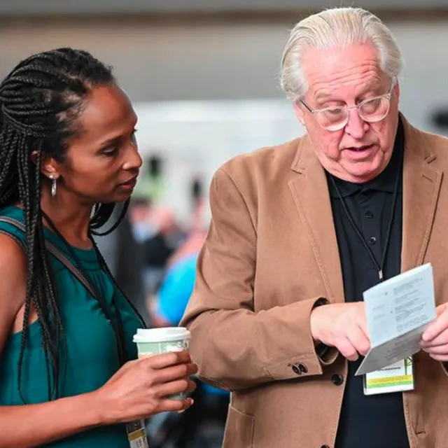 Two individuals engage in conversation, one holding a coffee cup and the other checking a document, in a busy indoor setting.